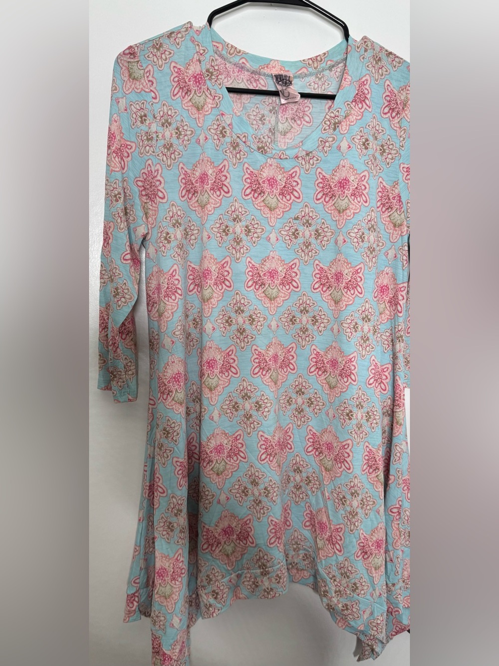 Women’s Light Blue Floral Tunic with Pink Pattern size small stretch comfy